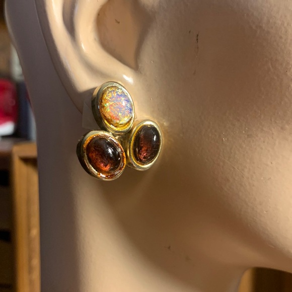 80’s TRIPLE CABOCHON OPAL AND AMBER LOOK EARRINGS - Picture 1 of 12